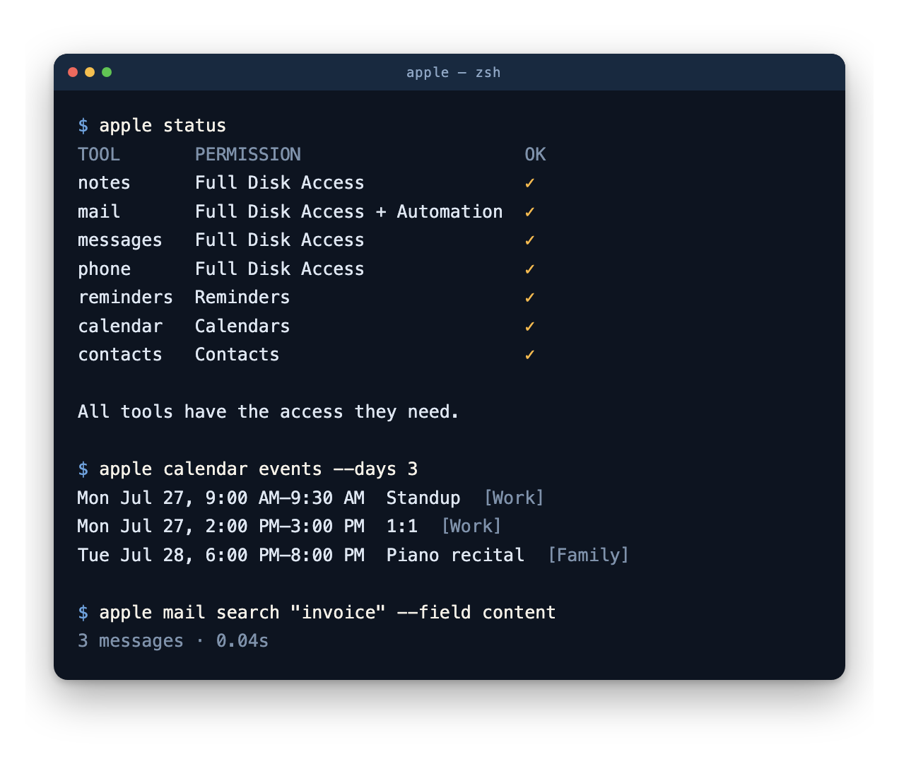 The apple CLI reporting permission status for all seven tools, then listing calendar events and searching mail