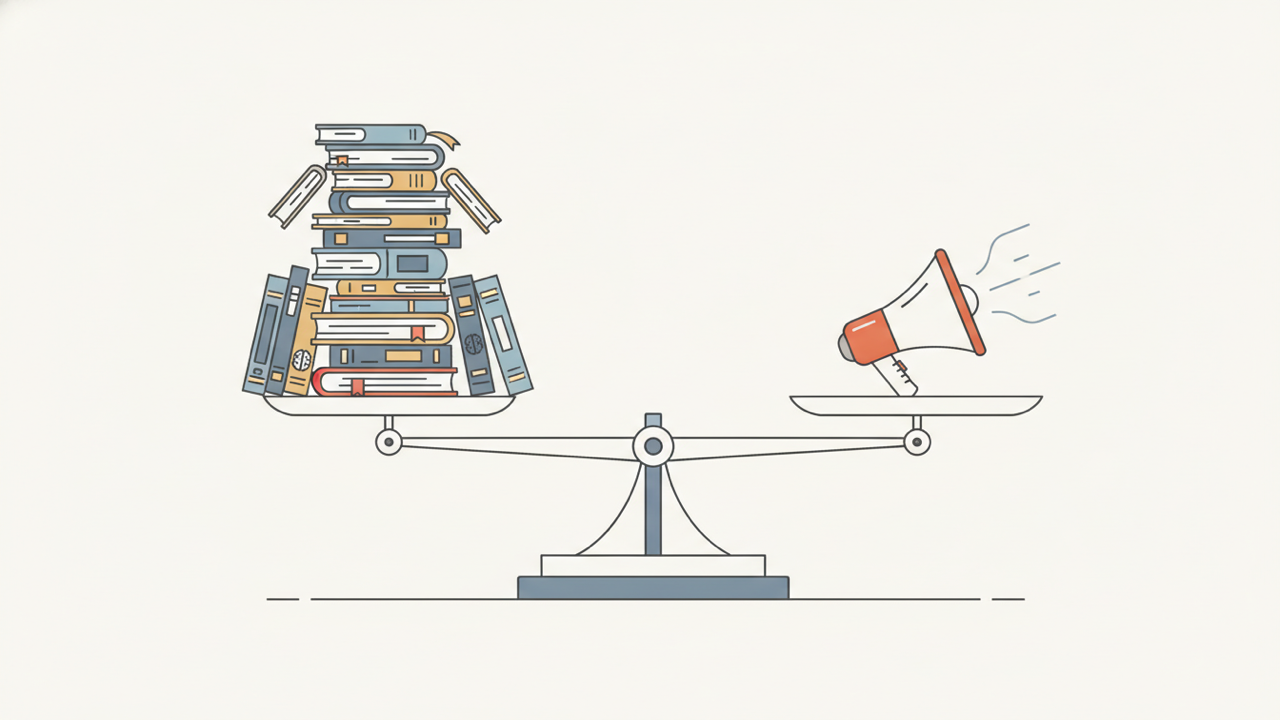 A balance scale sitting perfectly level: a tall stack of peer-reviewed books on one pan, a single small megaphone on the other — the visual of false balance.