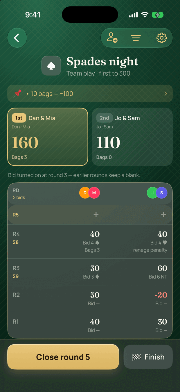 The Meld scorepad for a game of Spades, showing two teams, four rounds, bids, and a running total