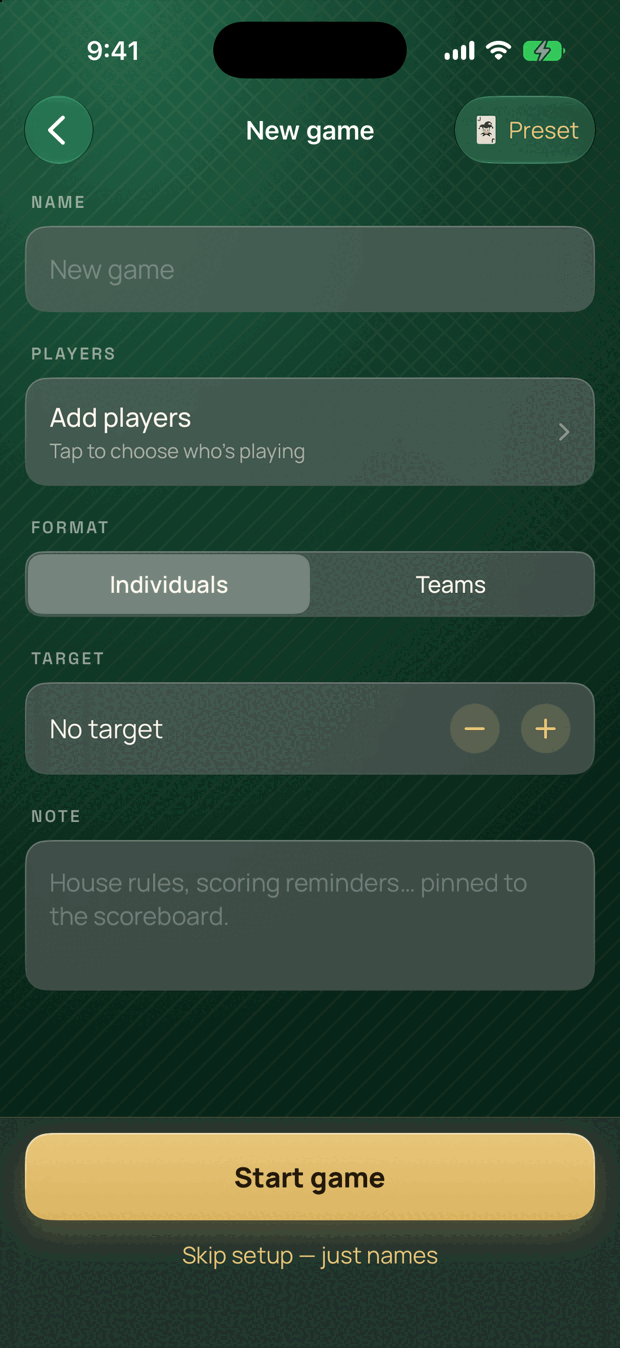 Meld's new game setup screen with name, players, format, target, and note fields