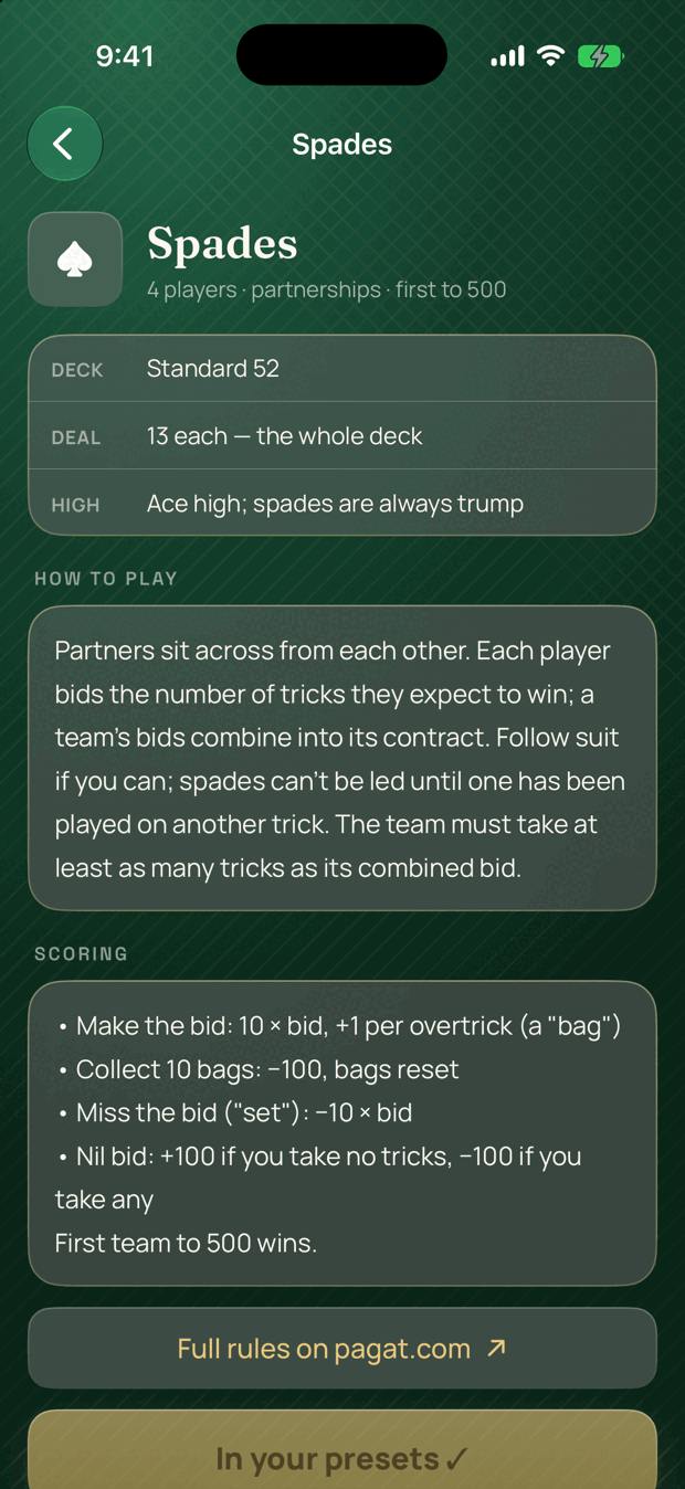 The reference entry for Spades, showing deck, deal, how to play, and scoring rules