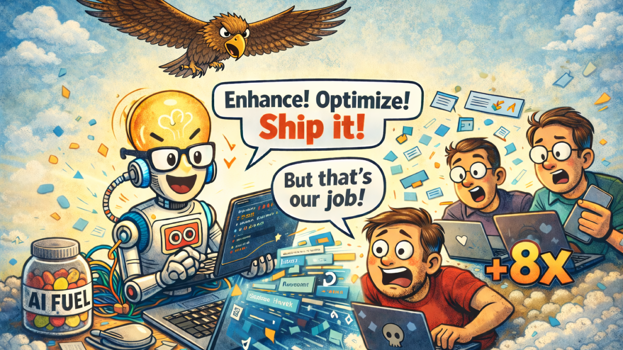 Cartoon robot at a laptop shouting 'Enhance! Optimize! Ship it!' while a StackHawk hawk flies overhead and startled engineers look on — with an 'AI Fuel' jar of jellybeans and a +8x badge.
